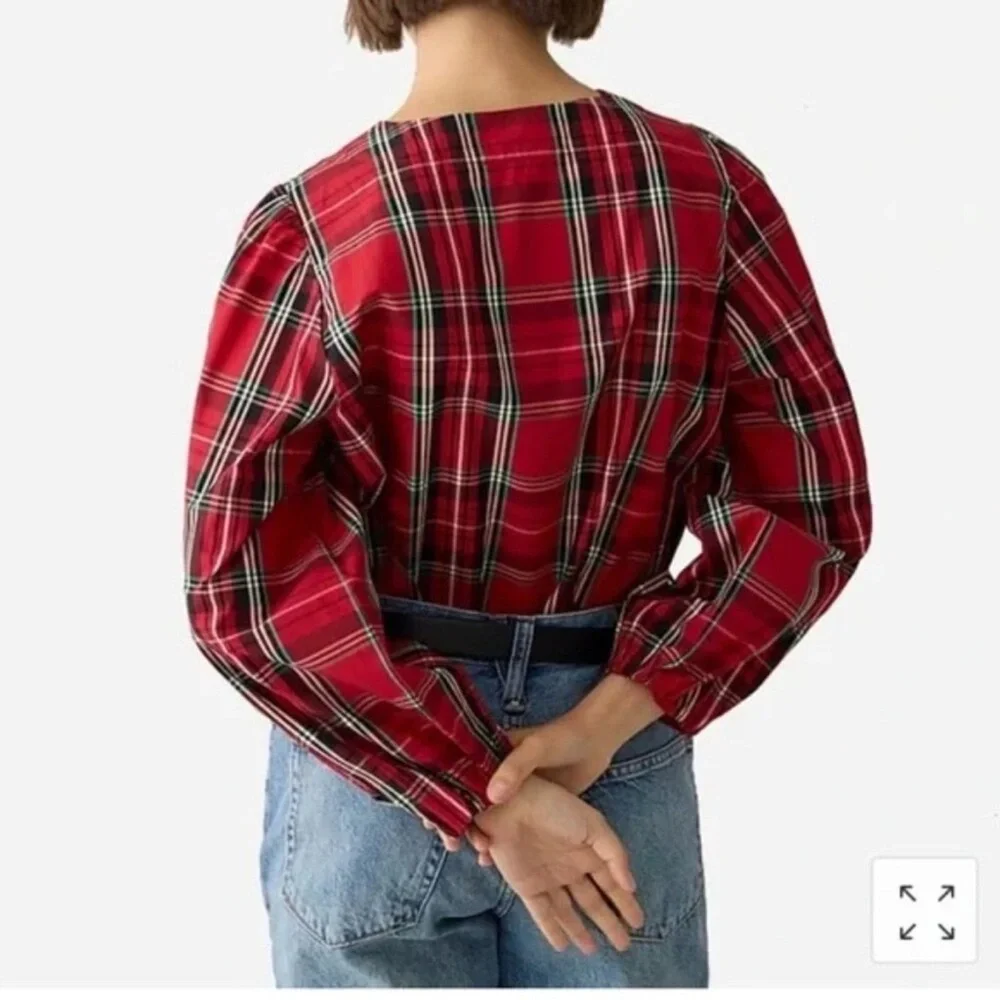 NWT J. Crew Puff-sleeve Poplin Top Good Tidings Plaid Red Size Medium